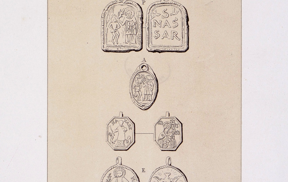 Dessin manuscrit montrant huit médailles pieuses représentant saint Nazaire.