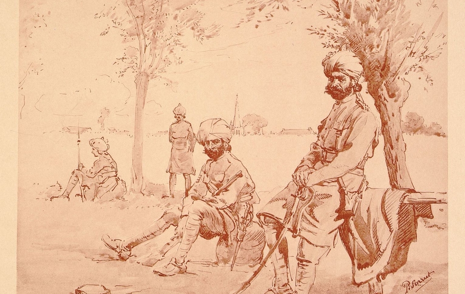 Dessin de quatre soldats indiens, des cavaliers sikhs au repos dans la campagne française.