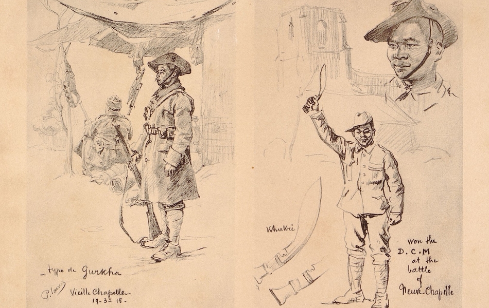 À gauche, dessin de deux soldats indiens montent la garde. À droite, dessin d'un autre soldat qui brandit son poignard traditionnel.