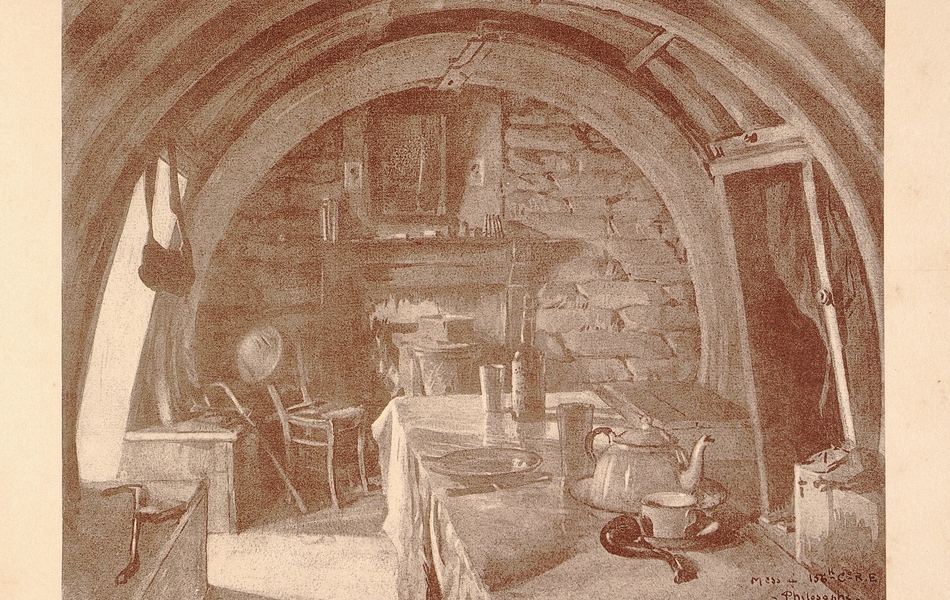Dessin de l'intérieur du mess des soldats. Une table au premier plan avec des ustenssiles de cuisine et une cheminée en second plan.