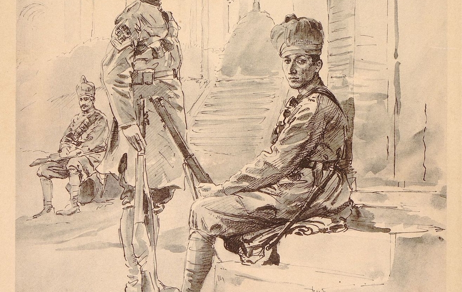 Dessin de deux soldats indiens dont l'un est assis. Au second plan, on voit un autre soldat assis et au fond une croix.