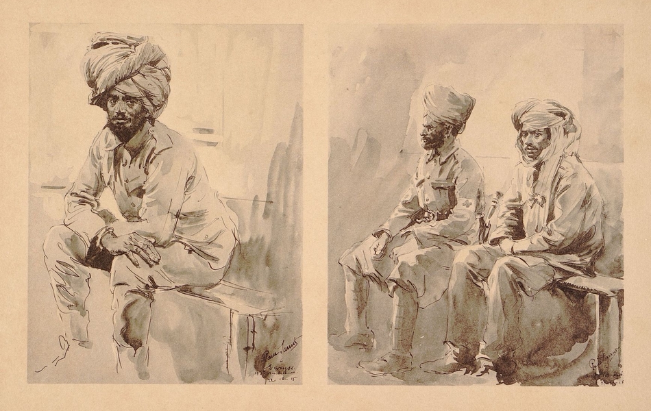 À droite, dessin de deux soldats indiens assis sur un banc et à gauche un autre soldat indien également assis sur un banc.