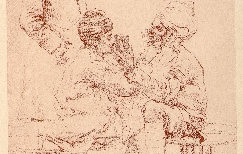 À gauche, dessin de trois soldats indiens blessés qui attendent d’être soignés, assis à l’intérieur d’un bâtiment. Au premier plan, l’un d’entre eux, à la main bandée, tient un gobelet. À droite, un barbier s’occupe de la toilette d’un soldat. Tous deux sont assis. Un troisième, debout, attend son tour.
