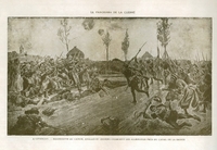 Gravure noir et blanc montrant une scène de combats entre deux armées ennemies.