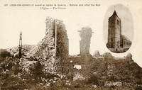 Carte postale noir et blanc montrant une église en médaillon, alors que l'image centrale ne présente que des gravas.