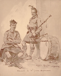 Dessin manuscrit montrant deux écossais à côté d'un tambour et d'une cornemuse.