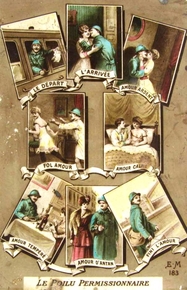 Carte postale couleur composée d'une série de vignettes : "le départ", "l'arrivée", "amour ardent", "fol amour", "amour calme", "amour tempéré", "amour d'antan", "fini l'amour".