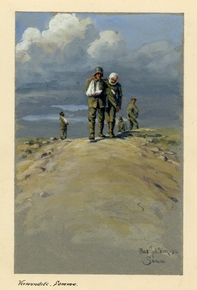 Aquarelle couleur montrant deux soldats blessés se soutenant mutuellement pour gravir une colline. 