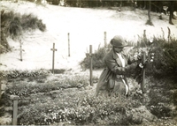 Photographie noir et blanc montrant une femme agenouillée en train de fleurir une tombe dans un cimetière.