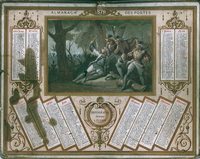 Calendrier illustré en son centre par une gravure couleur montrant un homme à terre lors d'un combat dans les bois.