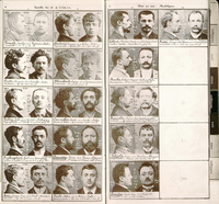 Double page noir et blanc d'un carnet montrant des portraits d'hommes annotés en vignette.