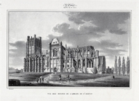 Gravure noir et blanc montrant une abbaye partiellement détruite.