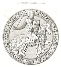 Dessin monochrome montrant un sceau rond dans lequel est représenté un chevalier casqué et en armure sur un cheval, l'épée brandie.