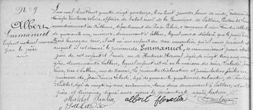 Texte manuscrit transcrivant l'enregistrement de la naissance d'Emmanuel Albert.