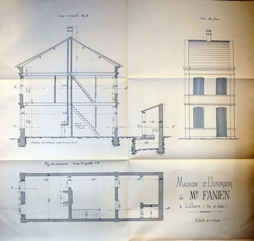 Plan d'architecte composé de deux coupes et d'une vue de la façade d'une maison d'ouvrier.