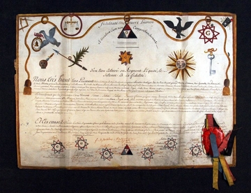 Document manuscrit orné de dessins en couleur (détaillés dans l'article) et portant un sceau de cire rouge attaché par des rubans bleus, jaunes, noirs et rouges.
