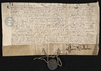 Parchemin manuscrit en bas duquel est appendu un sceau rond en plomb.