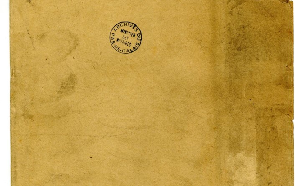 Couverture d'une chemise sur laquelle on lit "2 octobre 1854. Remplacement militaire Becquembois. Étude de Maître G. Vasselle, notaire à Arras (Pas-de-Calais)".