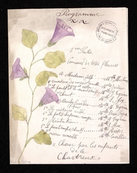 Texte manuscrit décoré d'une guirlande de fleurs rose, sur lequel on lit : "Programme. Première partie. Concours de têtes fleuries. Madame Alfé : Mademoiselle Martinq. Ouverture des noces de Jeanette (piano et violon) : Mesdemoiselles Jérôme. Le poulet et le renard (chant) : Mademoiselle J. Vegrin. Chant : Mademoiselle S. Box. Marche funèbre (piano) : Mademoiselle M. Vegrin. La victoire ailée : Mademoiselle Stasia Pojax. Le petit chaperon rouge : Mademoiselle Y. Vegrin. Récitation : Mademoiselle S. Box. Le printemps (chant) : Mesdemoiselles Risser. L'oiseau recueilli : Mademoiselle Cuvillier. Choeur par les enfants de la Chartreuse".