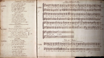 Double page manuscrite avec paroles de chanson et partition de musique.