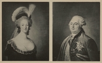 Portraits noir et blanc d'un homme et d'une femme, tournés de trois-quart et richement vêtus à la mode du 18e siècle.