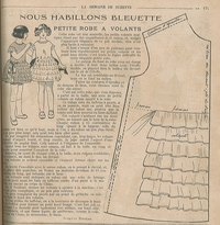 Page de livre monochrome montrant le patron d'une robe à volant accompagné d'un texte explicatif.