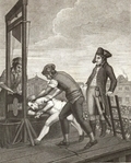 Gravure monochrome montrant trois hommes sur une estrade forçant un quatrième à s'installer sur une guillotine, devant une foule.