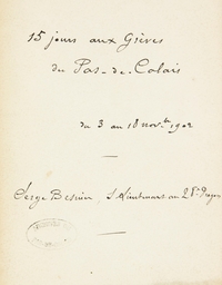 Document manuscrit sur lequel on lit : "15 jours aux grèves du Pas-de-Calais, du 3 au 18 novembre 1902, Serge Besnier, sous-lieutenant au 28e dragon".