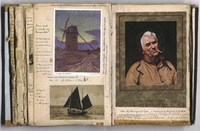 Double page d'un cahier annoté sur lequel on a collé un photographie noir et blanc d'un bateau et deux lithographies couleur montrant un moulin et un homme en train de fumer.