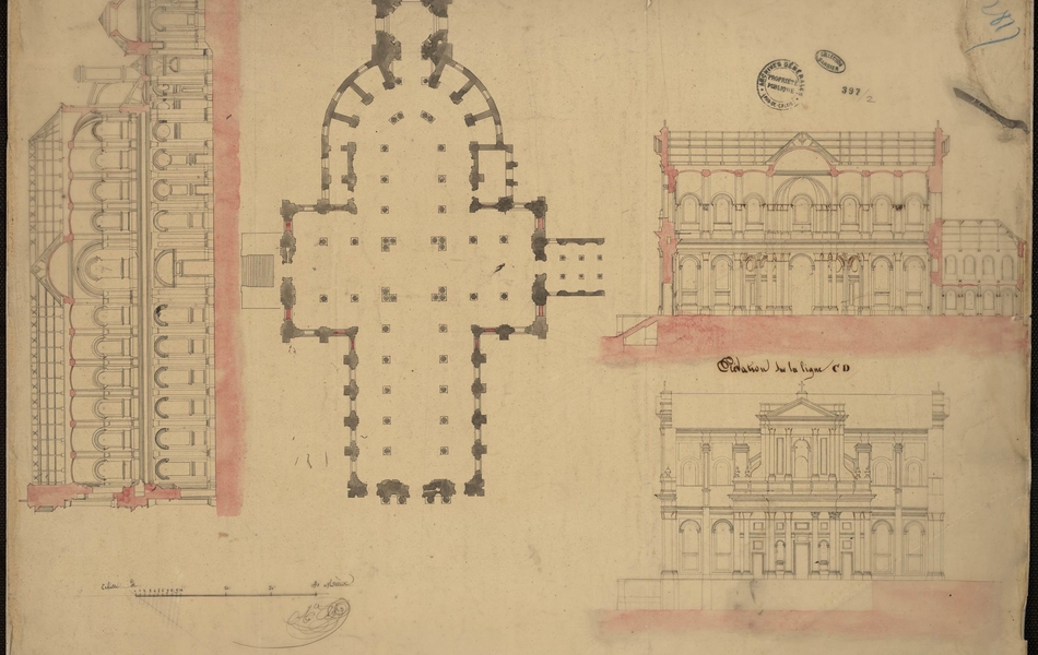 Plan couleur composé de trois coupes de façades ouvragées et d'un plan général du bâtiment en forme de croix.