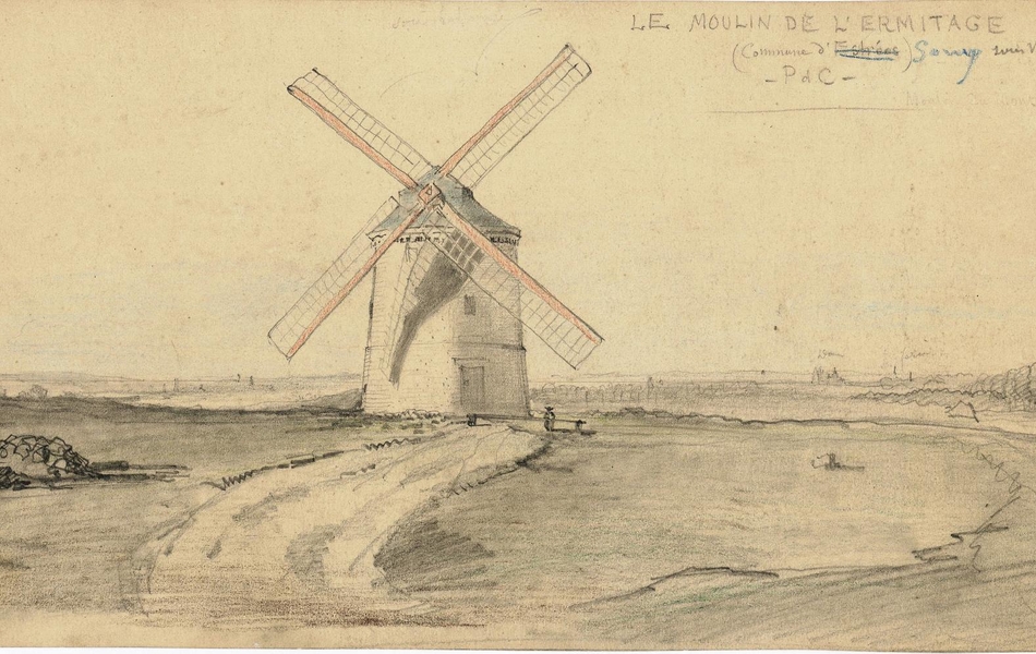 Estampe couleur montrant un moulin au milieu d'une plaine.