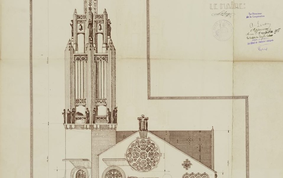 Dessin monochrome montrant la façade d'une église.