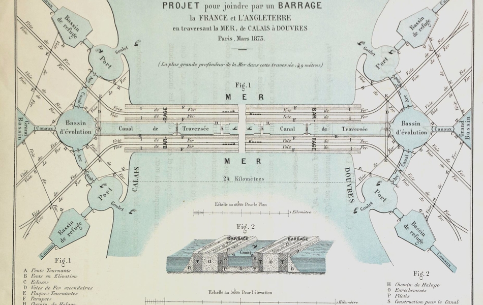Plan imprimé couleur figurant deux cotes séparées par de l'eau et reliées par un pont.