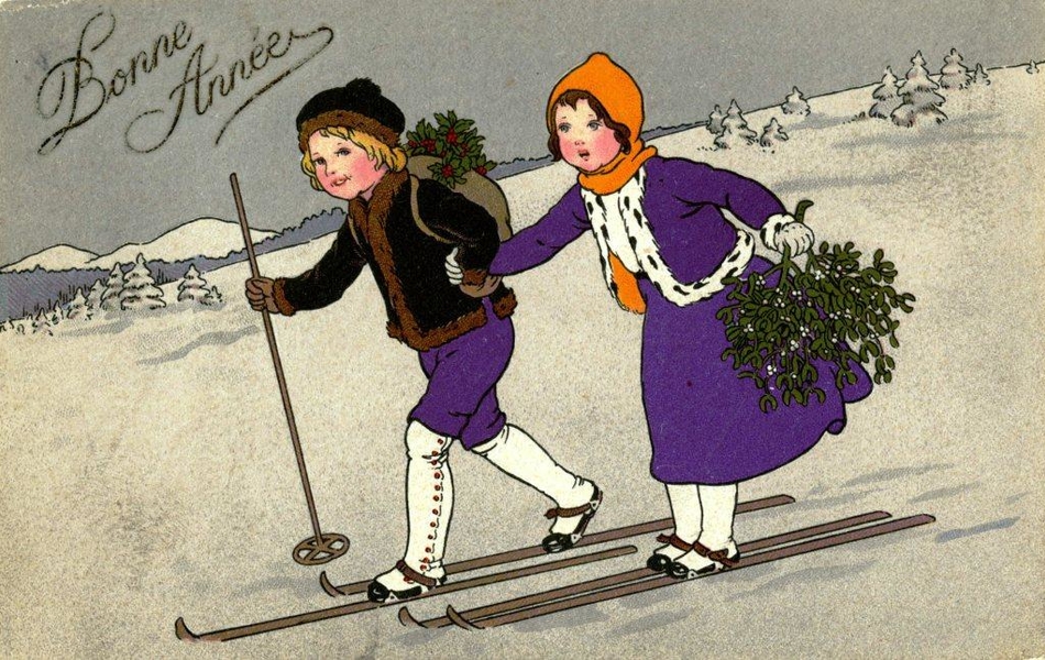 Carte postale couleur où l'on aperçoit deux enfants descendant une pente enneigée sur des skis et portant des branches de guis (la fillette dans sa main et le garçon dans un sac à dos). Au-dessus d'eux, on lit la mention "Bonne année".