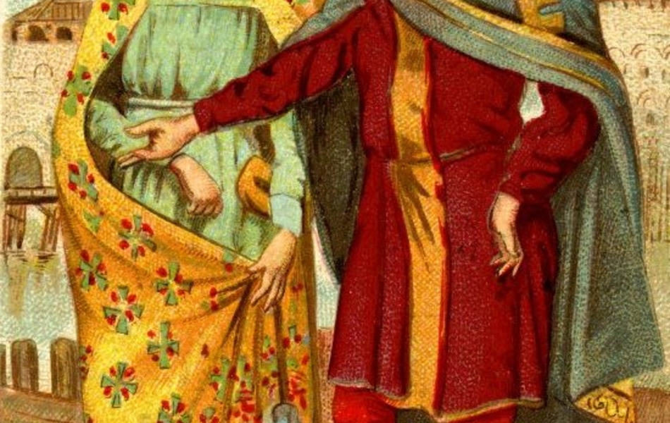 Dessin en couleur d'un homme et d'une femme portant des vêtements médiévaux (robe longue et cape pour elle, tunique, collants et cape pour lui) et marchant le long d'une digue.
