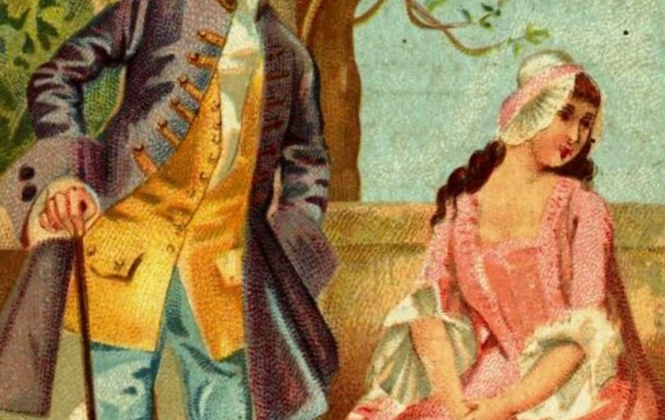 Dessin en couleur d'un homme et d'une femme en habit du XVIIIe siècle.L'homme, debout, s'appuie sur une canne et regarde la femme, assise sur un banc de pierre. En arrière-plan, on remarque des arbres. 