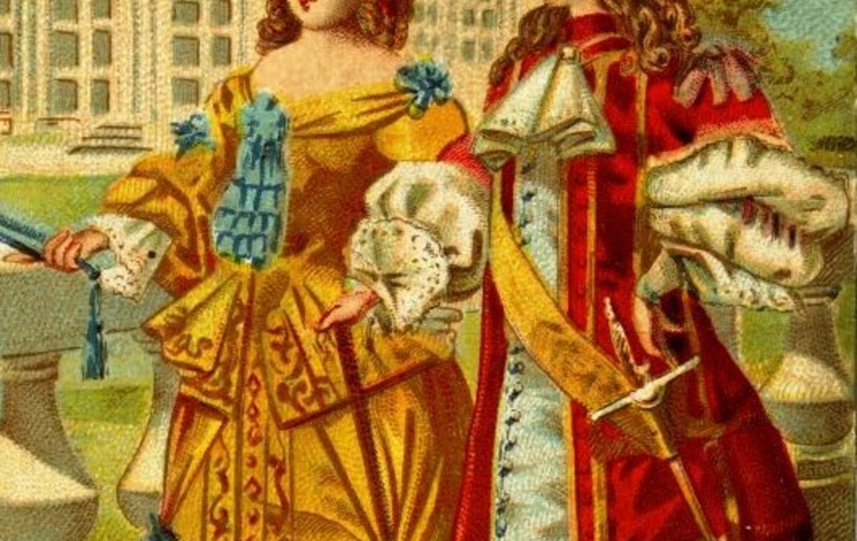 Dessin en couleur d'un homme et d'une femme marchant dans l'allée d'un parc. Ils sont tous deux richement habillés à la mode du XVIIe siècle.