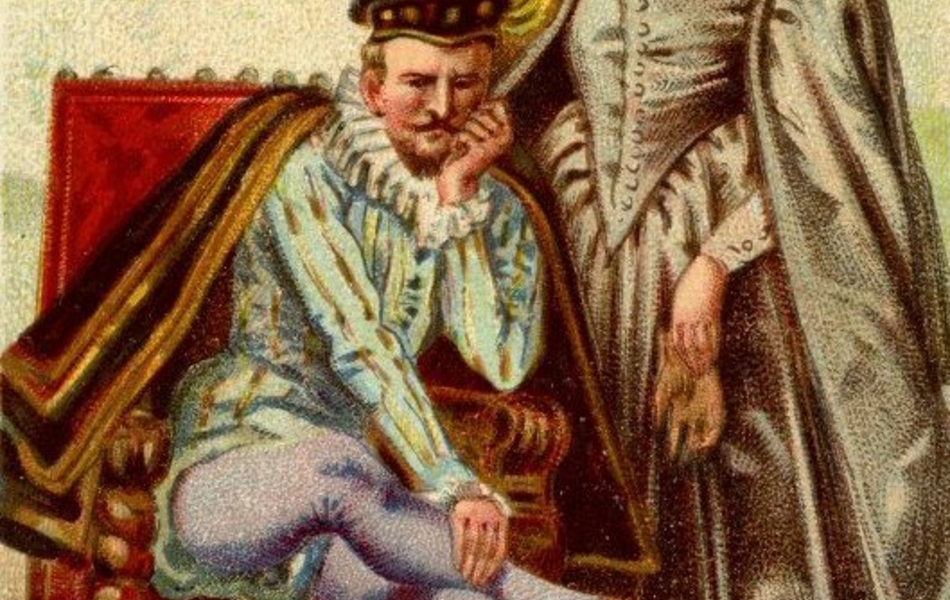 Dessin en couleur d'un homme et d'une femme en habit du XVIe siècle. L'homme, assis sur une chaise de velours cramoisi, un pied reposant sur un coussin de même couleur, semble méditer. Le femme, debout derrière lui, tient un gant marron. Derrière eux, on note un tabernacle.