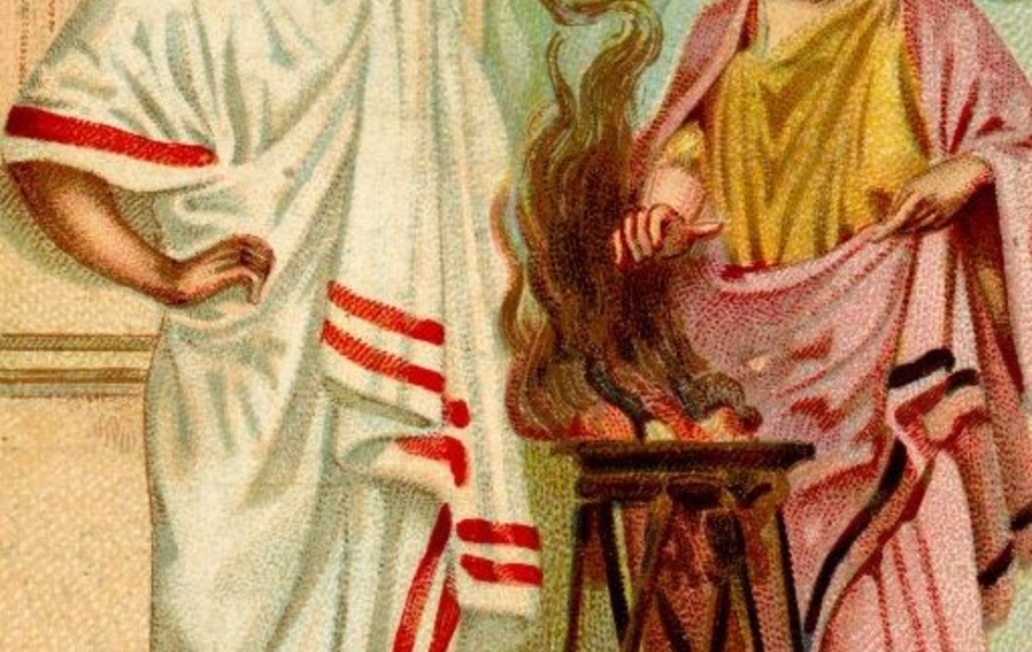 Dessin en couleur d'un homme et d'une femme vêtus de toges romaines, debout devant une coupelle d'où s'échappent des flammes et de la fumée.