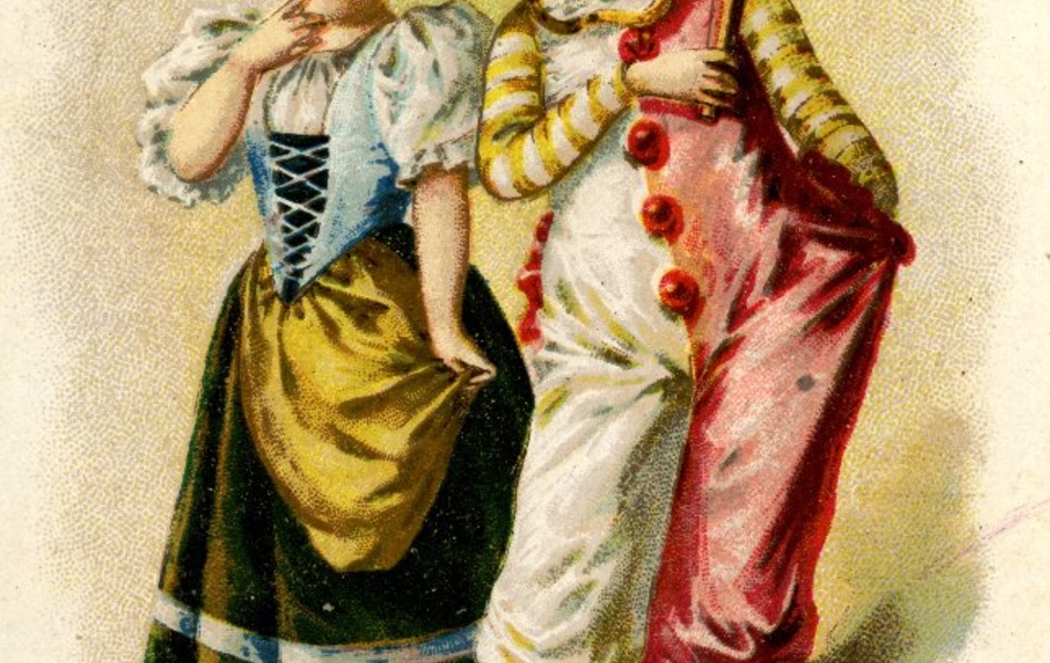 Dessin en couleur de deux enfants déguisés, elle en alsacienne (avec le noeud dans les cheveux), lui en clown bigarré (cheveux verts et rouges, habit blanc et rouge, manches jaunes).
