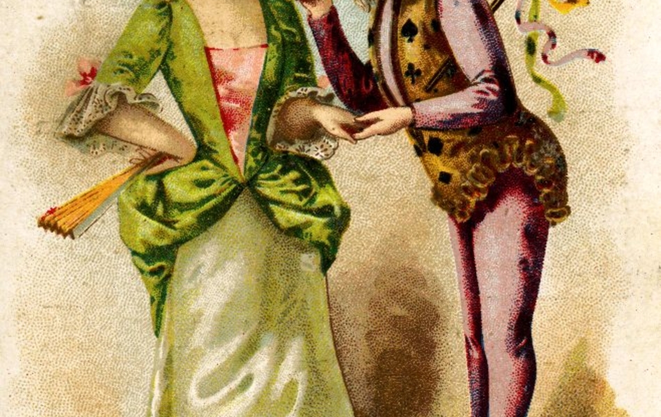 Dessin en couleur de deux enfants déguisés, elle en robe du XVIIIe siècle, lui en fou du roi (son plastron est orné de figures de cartes et il tient sous son aisselle un sceptre enrubanné se terminant par l'effigie d'un fou portant un tricorne à clochettes).