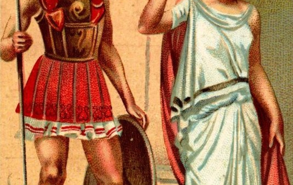 Dessin en couleur d'un homme et d'une femme vêtus à la mode antique. L'homme est pieds nus, en habit de soldat grec (casque, plastron, jupe et jambières), il tient une lance et un bouclier rond. La femme porte une toge.