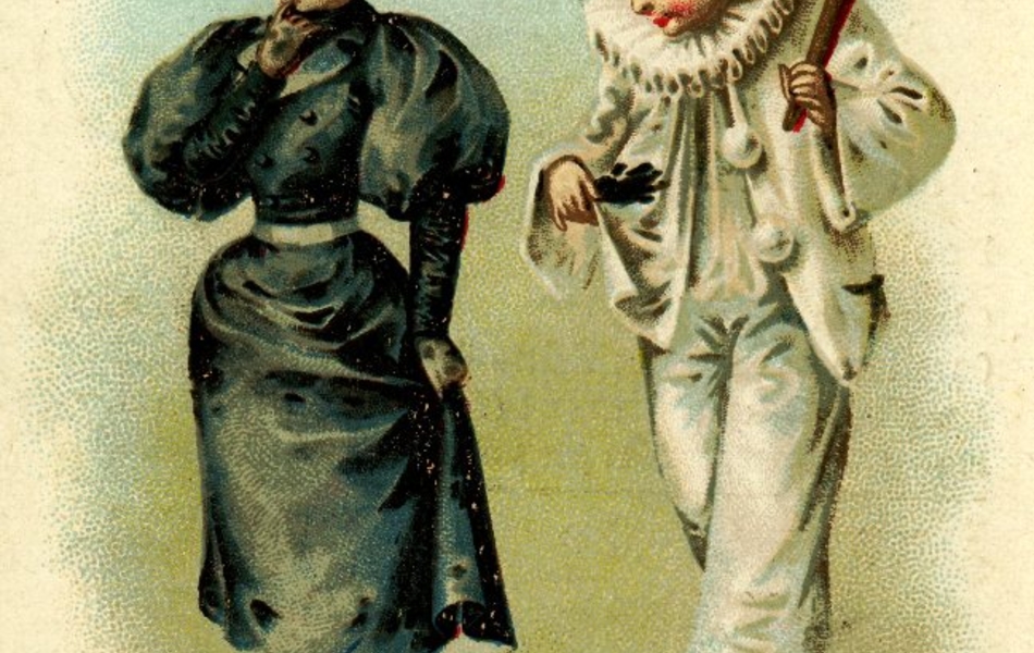 Dessin en couleur de deux enfants déguisés ; elle tout en noir, porte une robe du XIXe siècle et un chapeau haut-de-forme, tandis que lui, tout de blanc vêtu, porte un costume de Pierrot et tient un éventail fermé. Il regarde une empreinte de main noire présente sur son costume blanc. À côté de lui, on remarque que la fillette a les mains sales.
