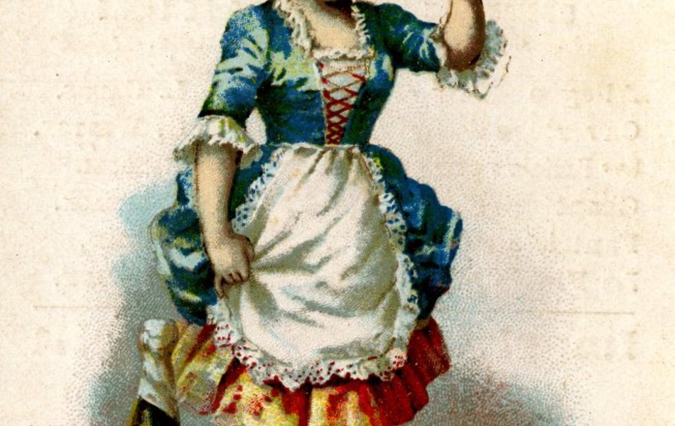 Dessin en couleur d'une fillette en habit du XVIIIe siècle qui tient levée une coupe de champagne. À côté d'elle repose une bouteille de champagne.