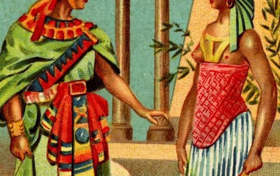 Dessin en couleur d'un homme et d'une femme habillés en égyptiens, devant une structure à colonnes. L'homme porte le pschent des pharaons et une ample robe bigarrée, tandis que la femme, drapée dans un pagne, a sa poitrine découverte et est coifée d'un némès.