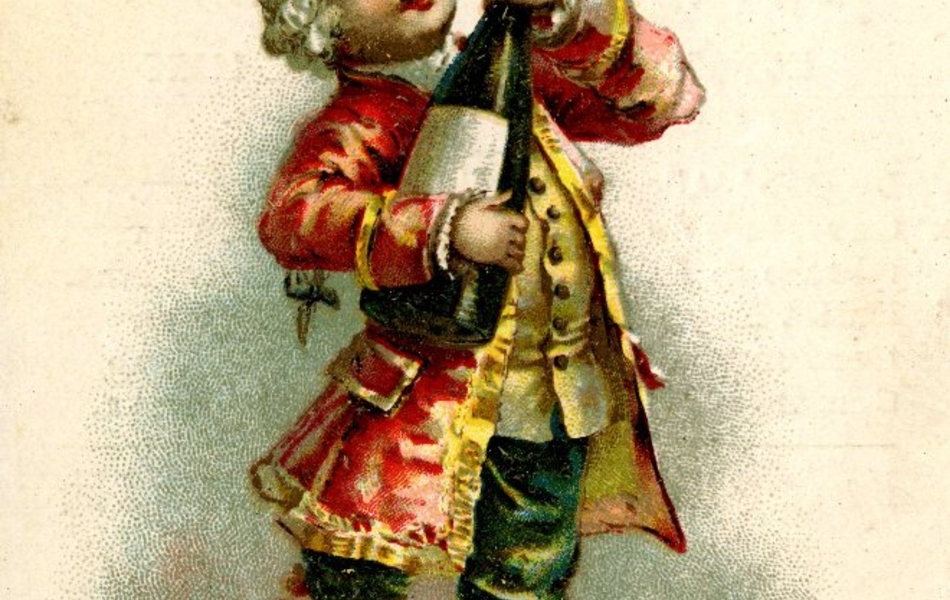 Dessin en couleur d'un garçonnet en habit du XVIIIe siècle, qui porte une grosse bouteille de champagne dont le bouchon fuse. À ses peids repose une coupe vide.