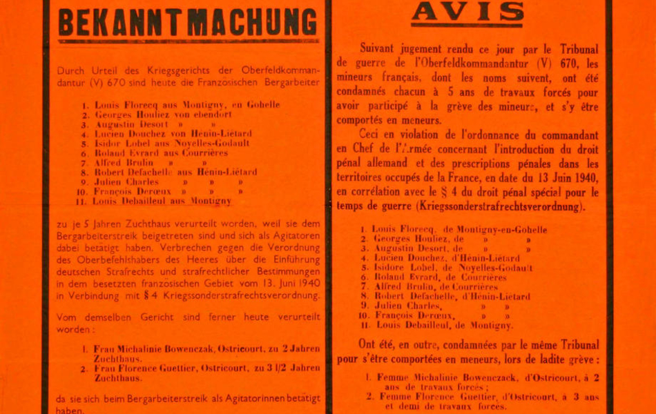 Affiche orange en deux parties. A gauche un texte allemand, traduit en français à droite.
