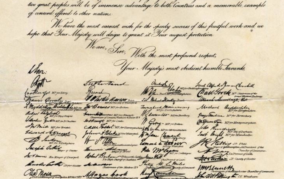 Texte manuscrit sur lequel on lit "To his Majesty the Emperor Napoleon the Third. Sire, We the undersigned Subjects of Her Most Gracious Majesty the Queen of England, are informed that a Committee of French and English Gentlemen propose to ask Yours Majesty's support for the Construction of a Submarine Tunnel intended to connect the Railways of England with those of France, an eminently desirable work which has become necessary to facilitate the social intercourse which has so rapidly increased of late years between the Inhabitants of the two Countries, and for the development of their trade and commerce. The realization of the noble enterprize by strengthening the bonds which unite two great peoples will be of immense advantage to both Countries and a memorable example of concord offered to other nations. We have the most earnest wish for the speedy success of this fruitful work and we hope that Your Majesty will deign to grant it Your august protection. We are, Sire, With the most profound respect, Your, Majesty's most obedient humble Servants", suivi par 97 signatures