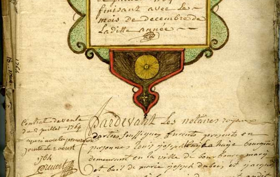 Document manuscrit sur lequel on lit "Dix-huitième registre aux actes réciproques de l'étude du notaire Cousin commençant au mois de juillet 1764 et finissant avec le mois de décembre de ladite année". Ce titre est entouré d'un cadre coloré, orné de motifs (dont deux têtes d'angelot)