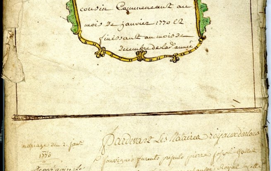 Document manuscrit portant le titre "Treizième registre aux mariages de l'étude du notaire Cousin commençant au mois de janvier 1770 et finissant au mois de décembre de ladite année" entouré de guirlandes de fleurs colorées et surmonté d'une couronne.